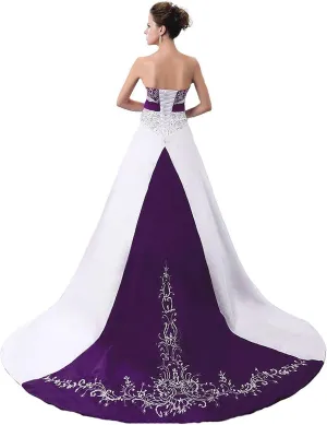 Women's Embroidered Satin Wedding Dresses Vintage A Line Strapless Corset Back Bridal Gowns with Train