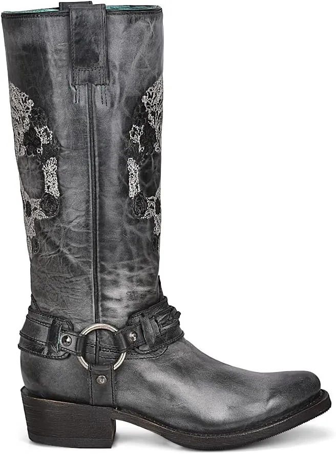 Women's Embroidered Skull and Harness Western Boot Round Toe - A4274