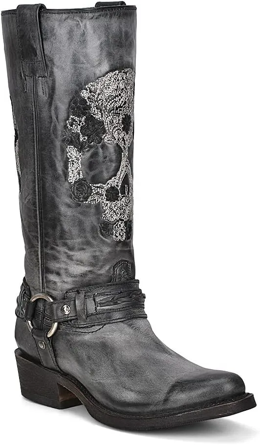 Women's Embroidered Skull and Harness Western Boot Round Toe - A4274