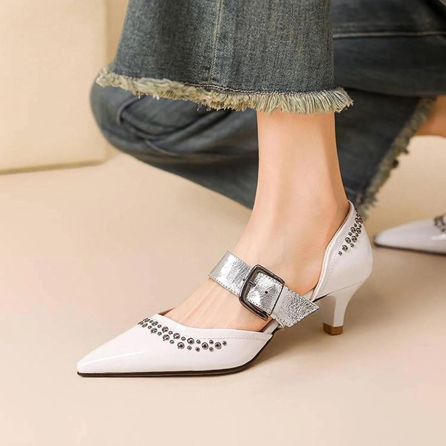Women's Heeled Sandals Pointed Studded Beaded Pumps Snake Print Straps Buckle Kitten heels Closed Toe Stiletto Summer Shoes For Party Workplace Dinner Dating Casual 1.57IN