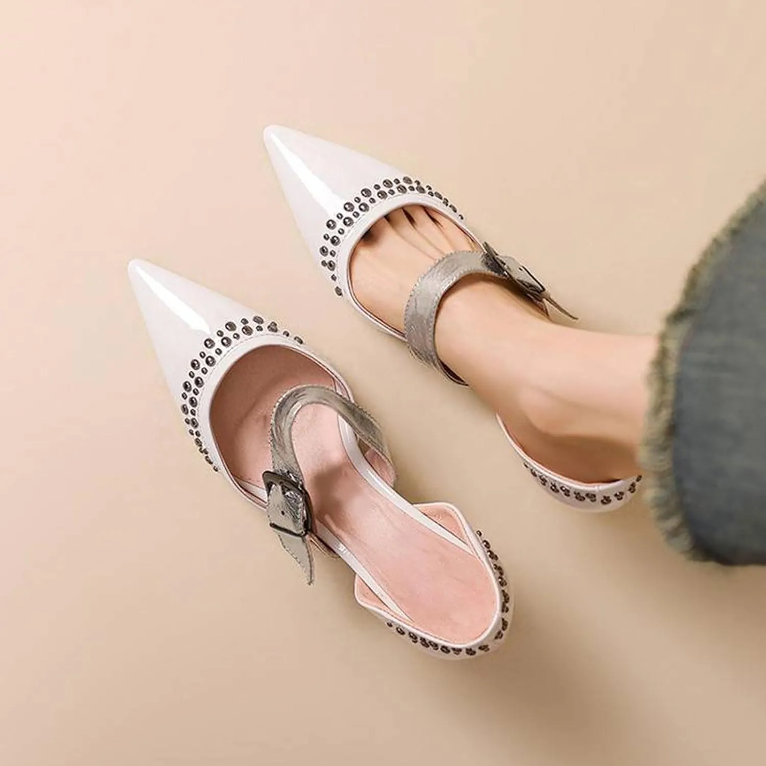 Women's Heeled Sandals Pointed Studded Beaded Pumps Snake Print Straps Buckle Kitten heels Closed Toe Stiletto Summer Shoes For Party Workplace Dinner Dating Casual 1.57IN