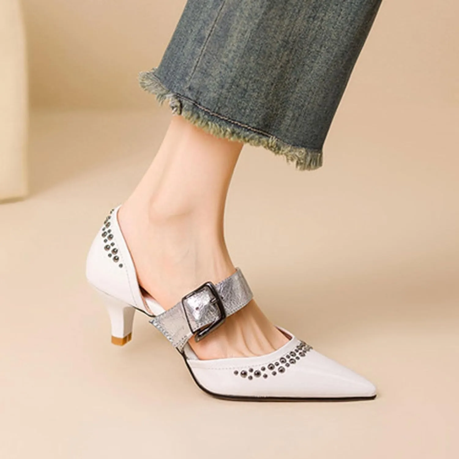 Women's Heeled Sandals Pointed Studded Beaded Pumps Snake Print Straps Buckle Kitten heels Closed Toe Stiletto Summer Shoes For Party Workplace Dinner Dating Casual 1.57IN