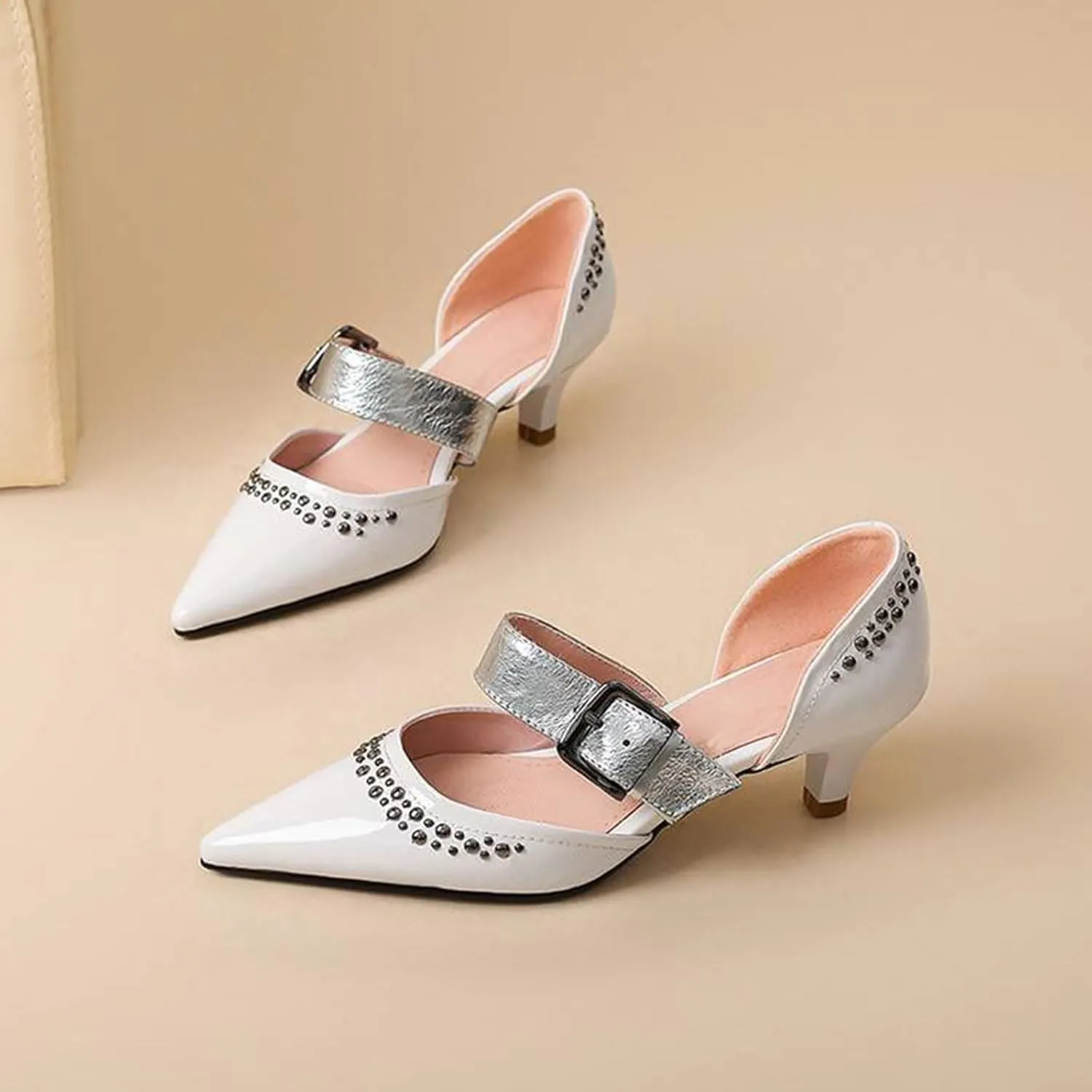 Women's Heeled Sandals Pointed Studded Beaded Pumps Snake Print Straps Buckle Kitten heels Closed Toe Stiletto Summer Shoes For Party Workplace Dinner Dating Casual 1.57IN