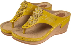 Women's Height Increasing Thong Sandal Arch Support Platform Trendy Slipper Clip Toe Floral Embellished Flip Flop