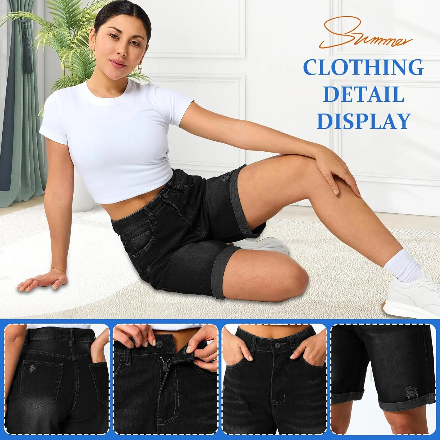 Women's High Waist Long Jean Shorts for Women Girls Denim Shorts Ripped Distressed Jeans Short