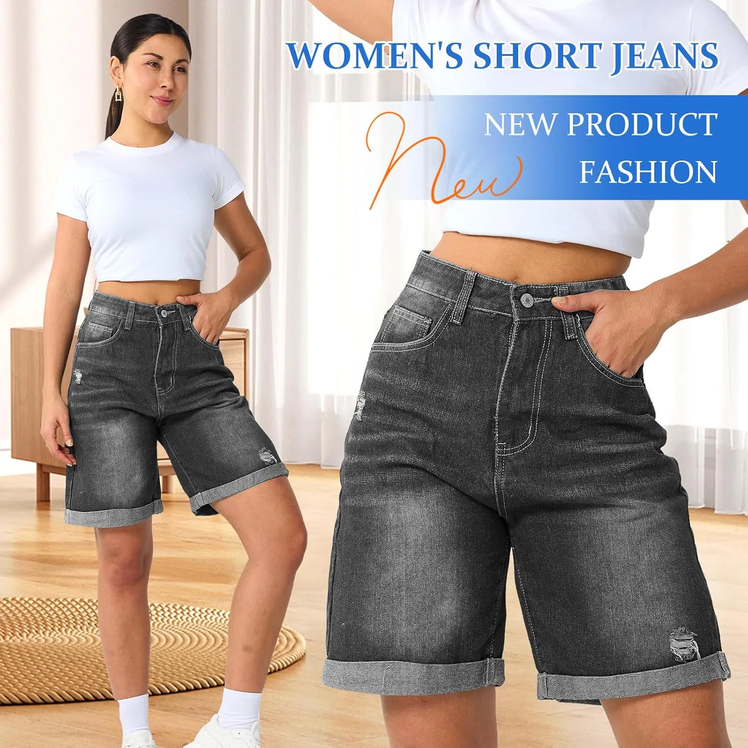 Women's High Waist Long Jean Shorts for Women Girls Denim Shorts Ripped Distressed Jeans Short