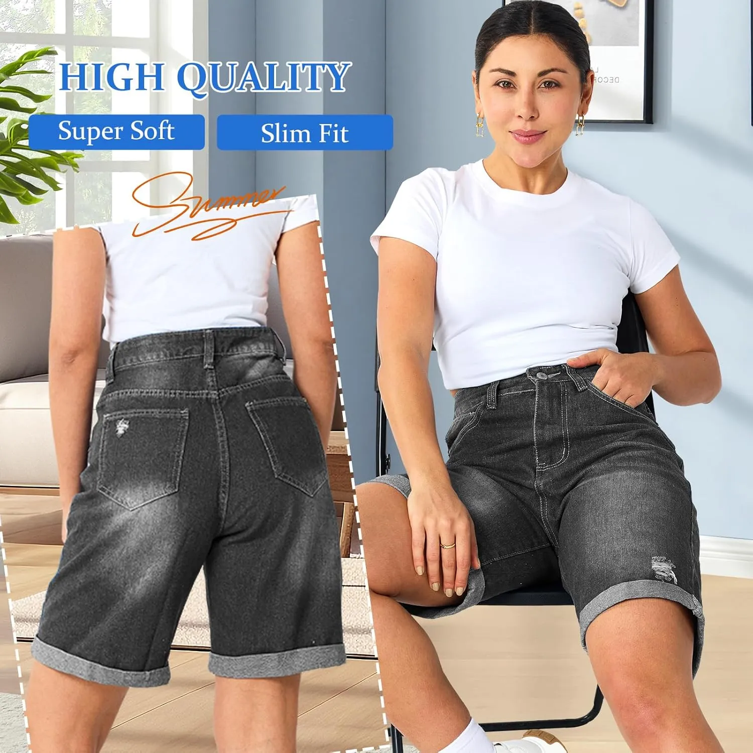 Women's High Waist Long Jean Shorts for Women Girls Denim Shorts Ripped Distressed Jeans Short