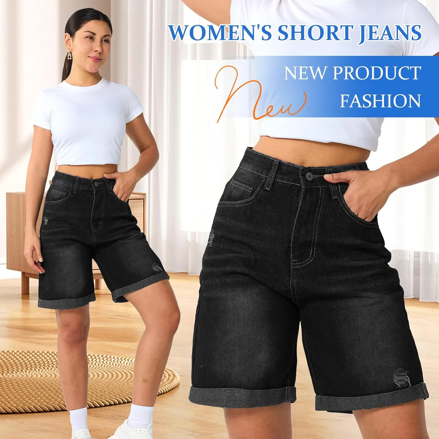 Women's High Waist Long Jean Shorts for Women Girls Denim Shorts Ripped Distressed Jeans Short