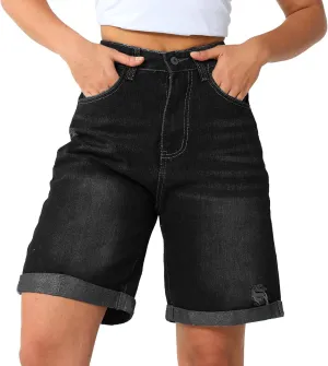 Women's High Waist Long Jean Shorts for Women Girls Denim Shorts Ripped Distressed Jeans Short