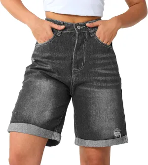 Women's High Waist Long Jean Shorts for Women Girls Denim Shorts Ripped Distressed Jeans Short