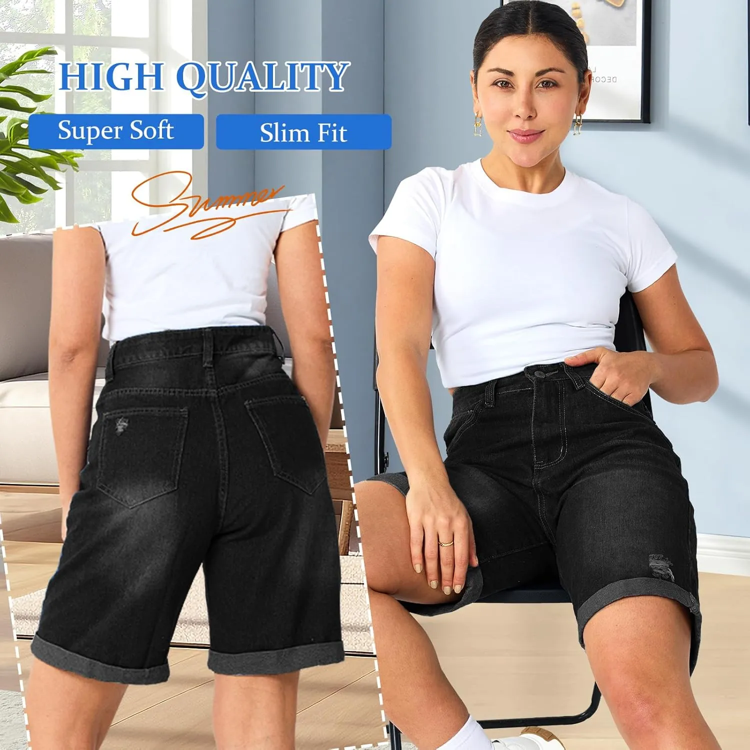 Women's High Waist Long Jean Shorts for Women Girls Denim Shorts Ripped Distressed Jeans Short