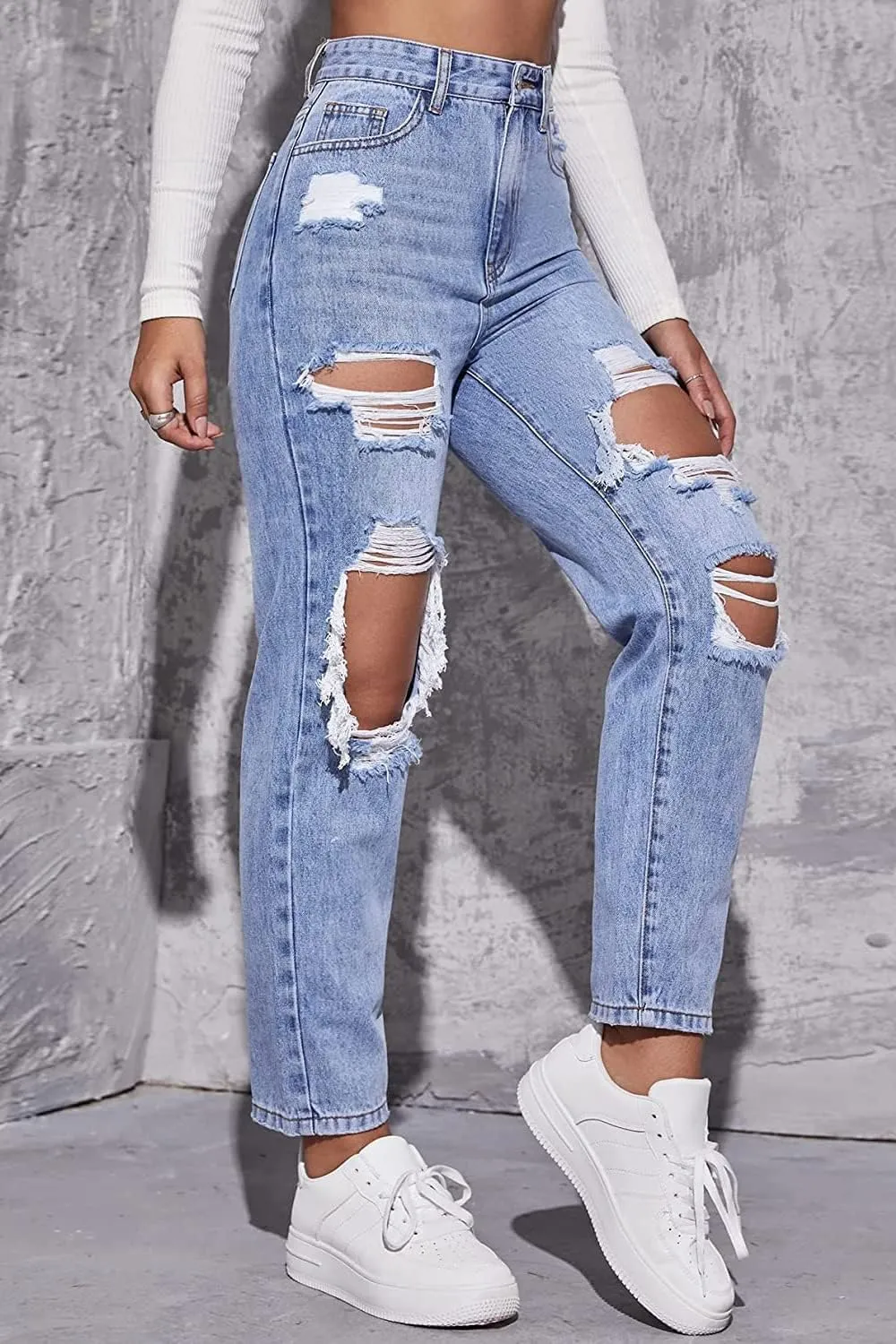 Women's High Waist Straight Leg Ripped Jeans Distressed Denim Pants