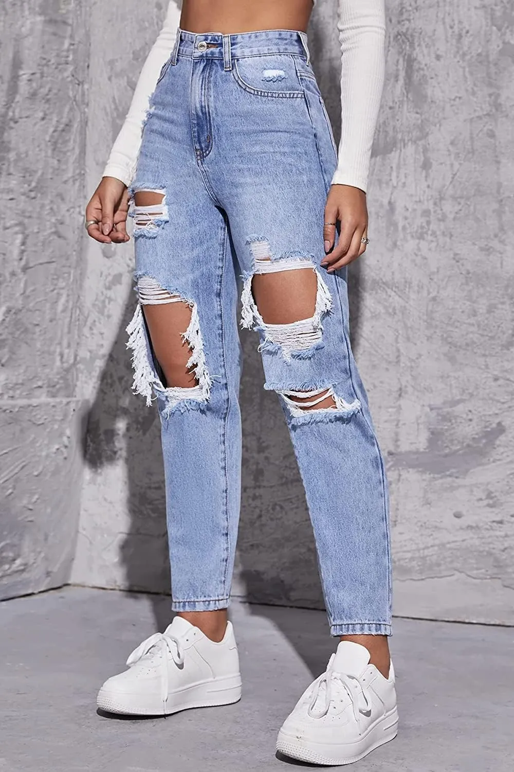 Women's High Waist Straight Leg Ripped Jeans Distressed Denim Pants