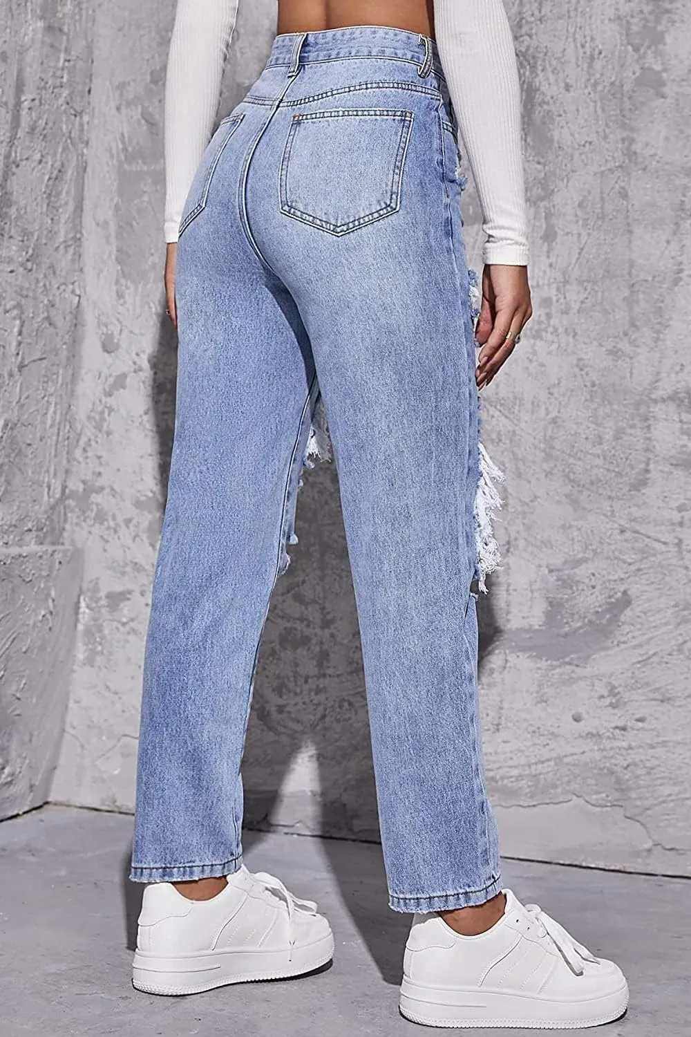 Women's High Waist Straight Leg Ripped Jeans Distressed Denim Pants