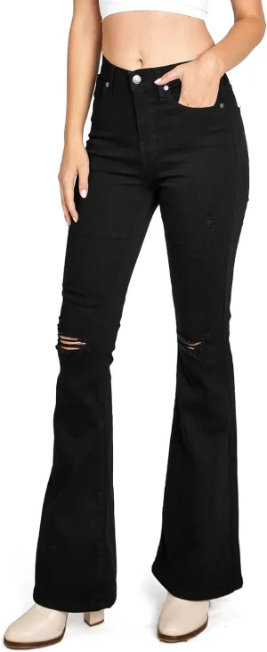 Women's Juniors High Waisted Flared Bell Bottoms (7), Distressed Black