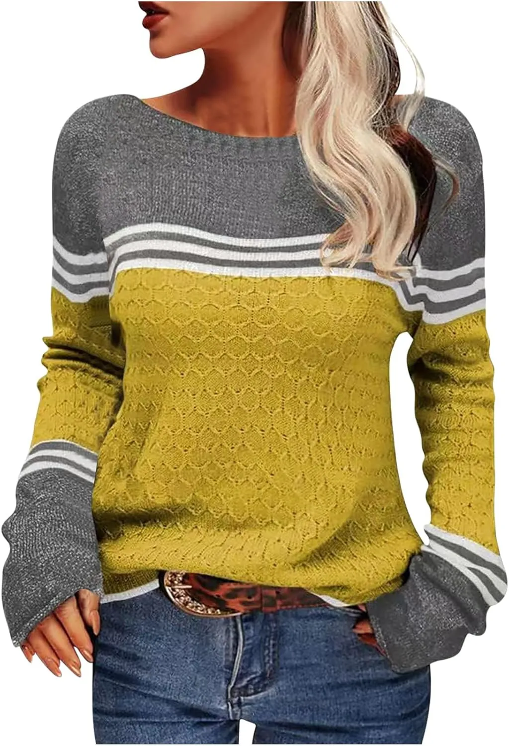 Women's Knitted Color Block Sweaters Long Sleeve Crewneck Fall Fashion Shirt Tunic Tops Blouse Knitwear Pullover