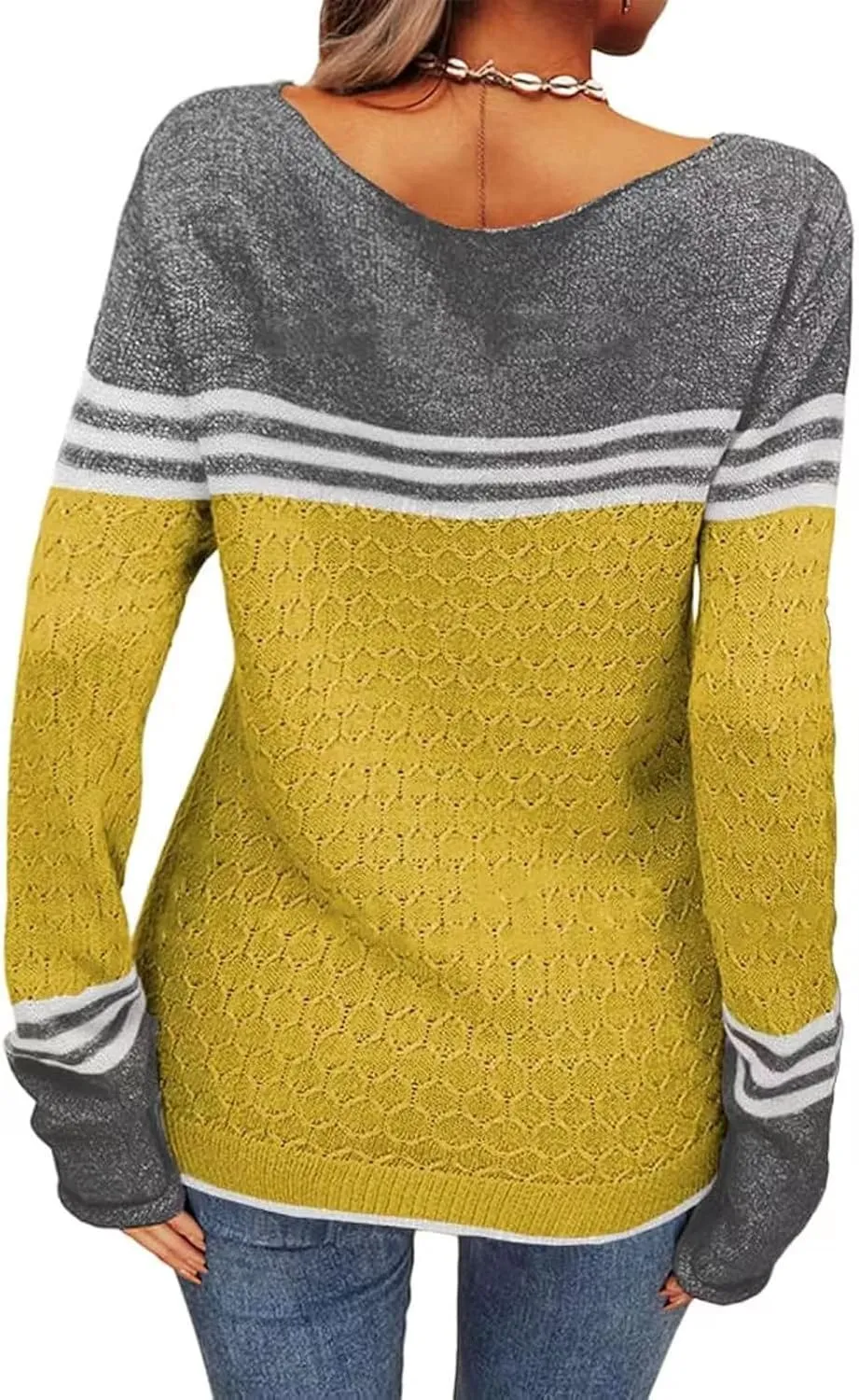 Women's Knitted Color Block Sweaters Long Sleeve Crewneck Fall Fashion Shirt Tunic Tops Blouse Knitwear Pullover
