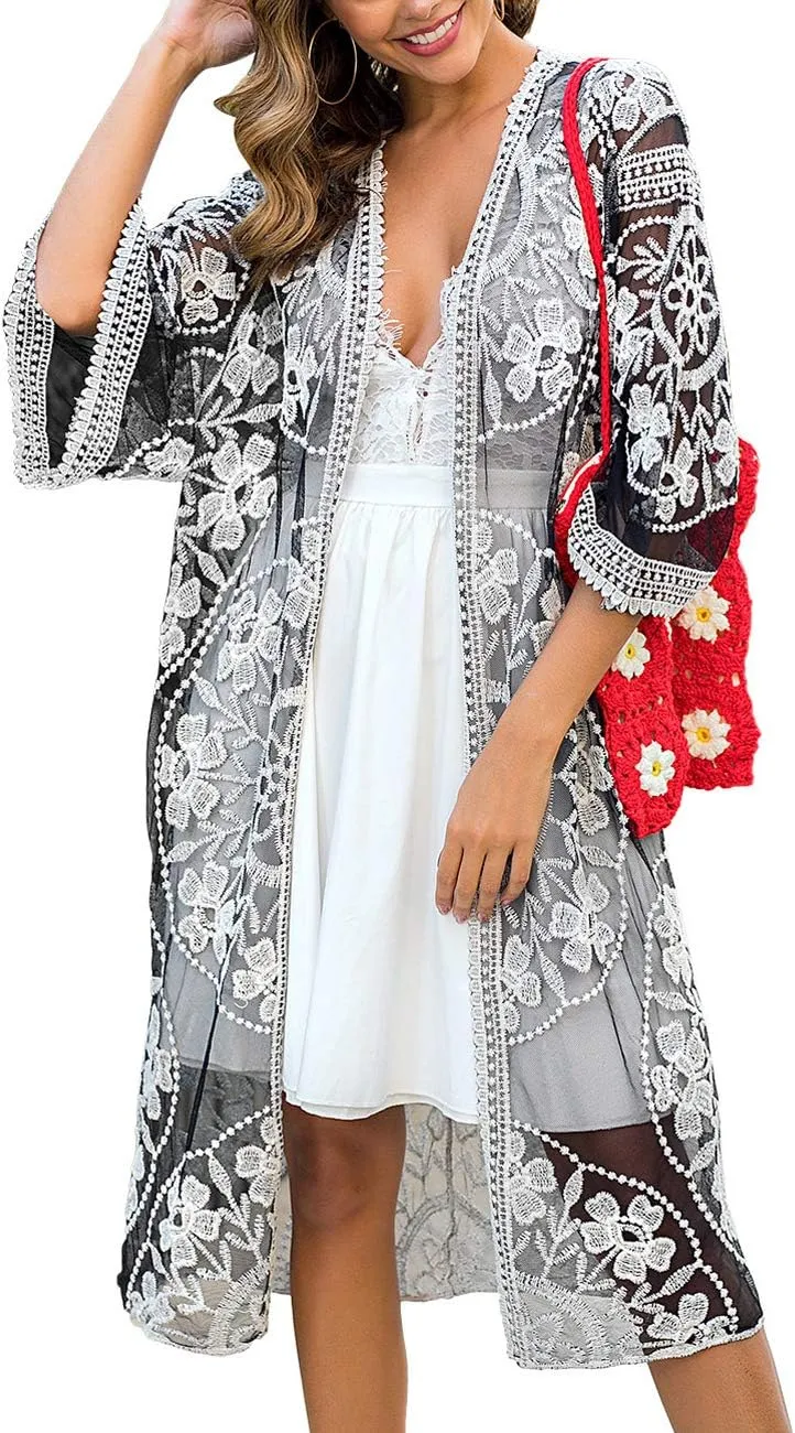 Women's Lace Cardigan Floral Crochet Sheer Beach Cover Ups Long Open Kimono