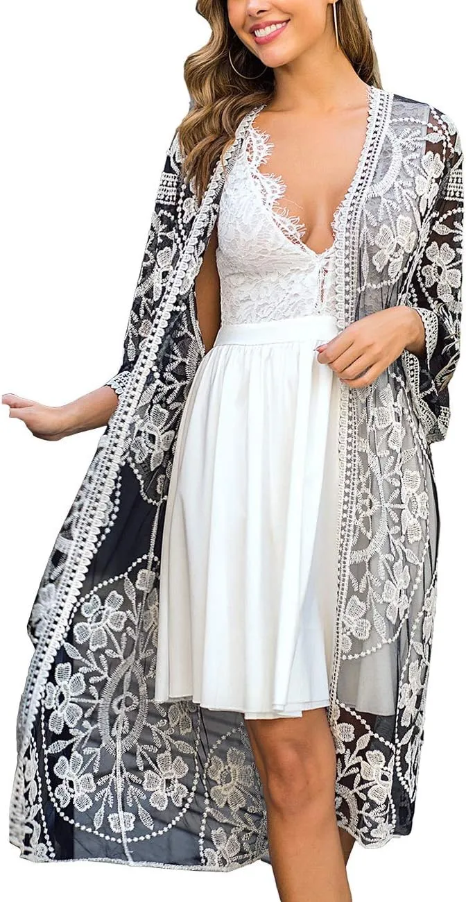 Women's Lace Cardigan Floral Crochet Sheer Beach Cover Ups Long Open Kimono