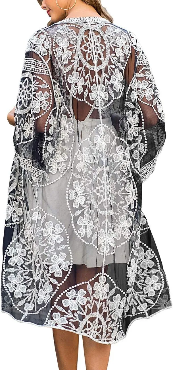Women's Lace Cardigan Floral Crochet Sheer Beach Cover Ups Long Open Kimono