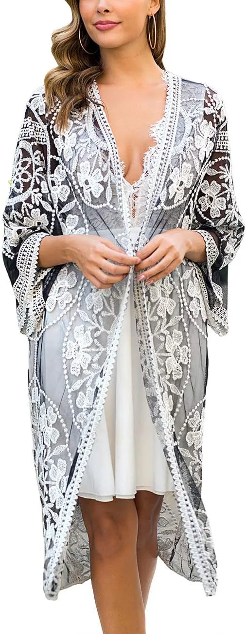 Women's Lace Cardigan Floral Crochet Sheer Beach Cover Ups Long Open Kimono