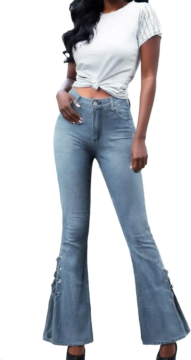 Women's Lace-up Bell Bottoms Mid Waist Stretchy Flare Denim Pants Stretch Vintage Baggy Wide-Leg Trendy Trouser Leggings