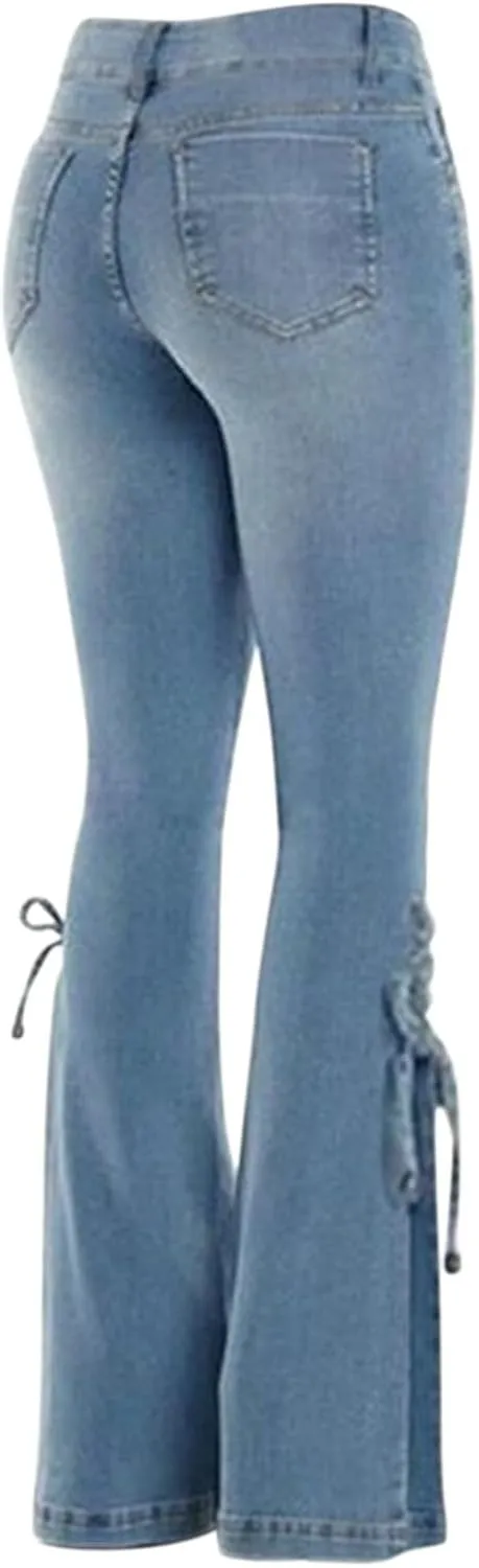 Women's Lace-up Bell Bottoms Mid Waist Stretchy Flare Denim Pants Stretch Vintage Baggy Wide-Leg Trendy Trouser Leggings
