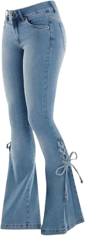 Women's Lace-up Bell Bottoms Mid Waist Stretchy Flare Denim Pants Stretch Vintage Baggy Wide-Leg Trendy Trouser Leggings