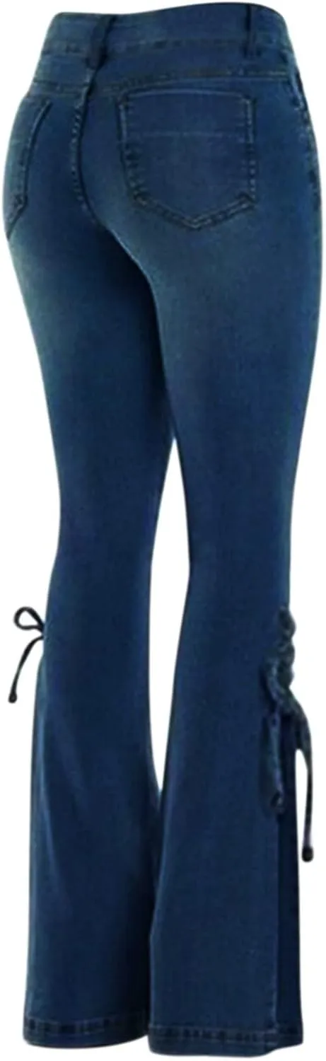 Women's Lace Up Bootcut Flare Jeans High Waisted Curvy Skinny Stretchy Wide Leg Bell Bottom Denim Pants Jean Trousers