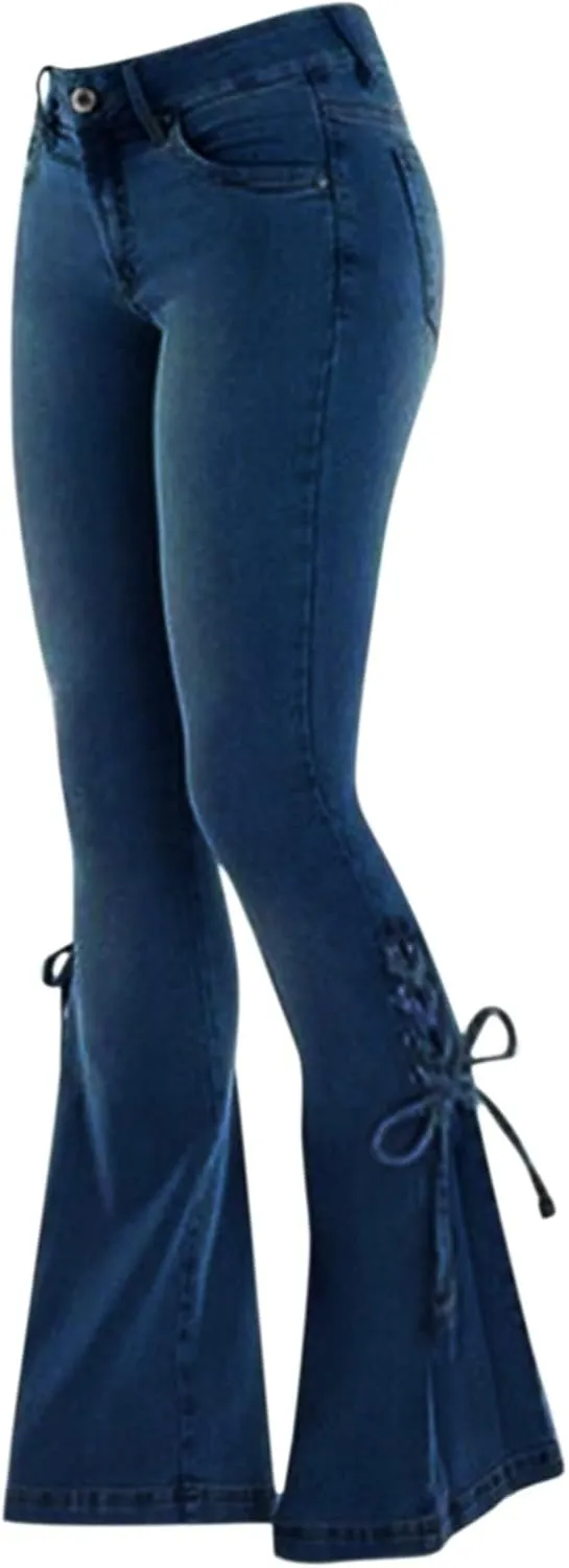 Women's Lace Up Bootcut Flare Jeans High Waisted Curvy Skinny Stretchy Wide Leg Bell Bottom Denim Pants Jean Trousers