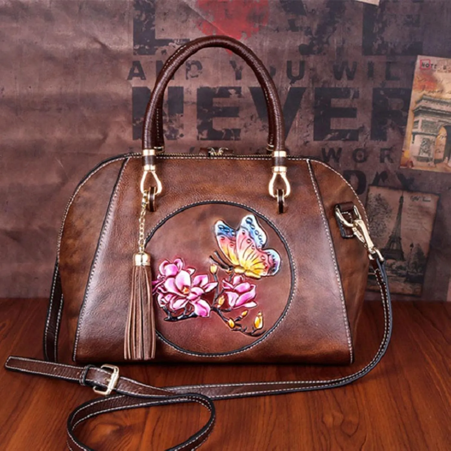 Women's Leather Crossbody Bag, Retro Large Capacity Shoulder Bag, Pure Hand-carved Handbag