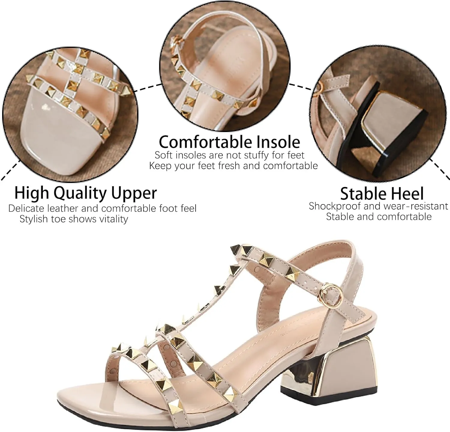 Women's Leather Studded Slingback Chunky Heel Sandals Pumps with Adjustable Ankle Buckle Fashion Breathable T-Strap Open Square Toe Mid Heels Sandals Prom Party Wedding Dress Shoes