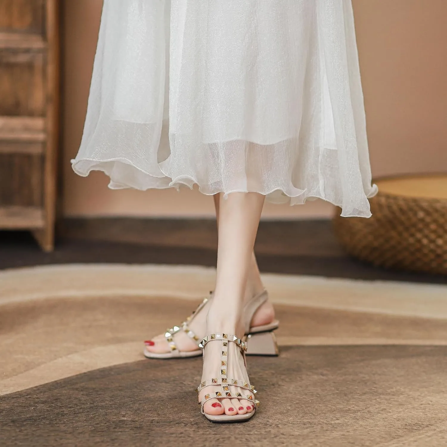 Women's Leather Studded Slingback Chunky Heel Sandals Pumps with Adjustable Ankle Buckle Fashion Breathable T-Strap Open Square Toe Mid Heels Sandals Prom Party Wedding Dress Shoes