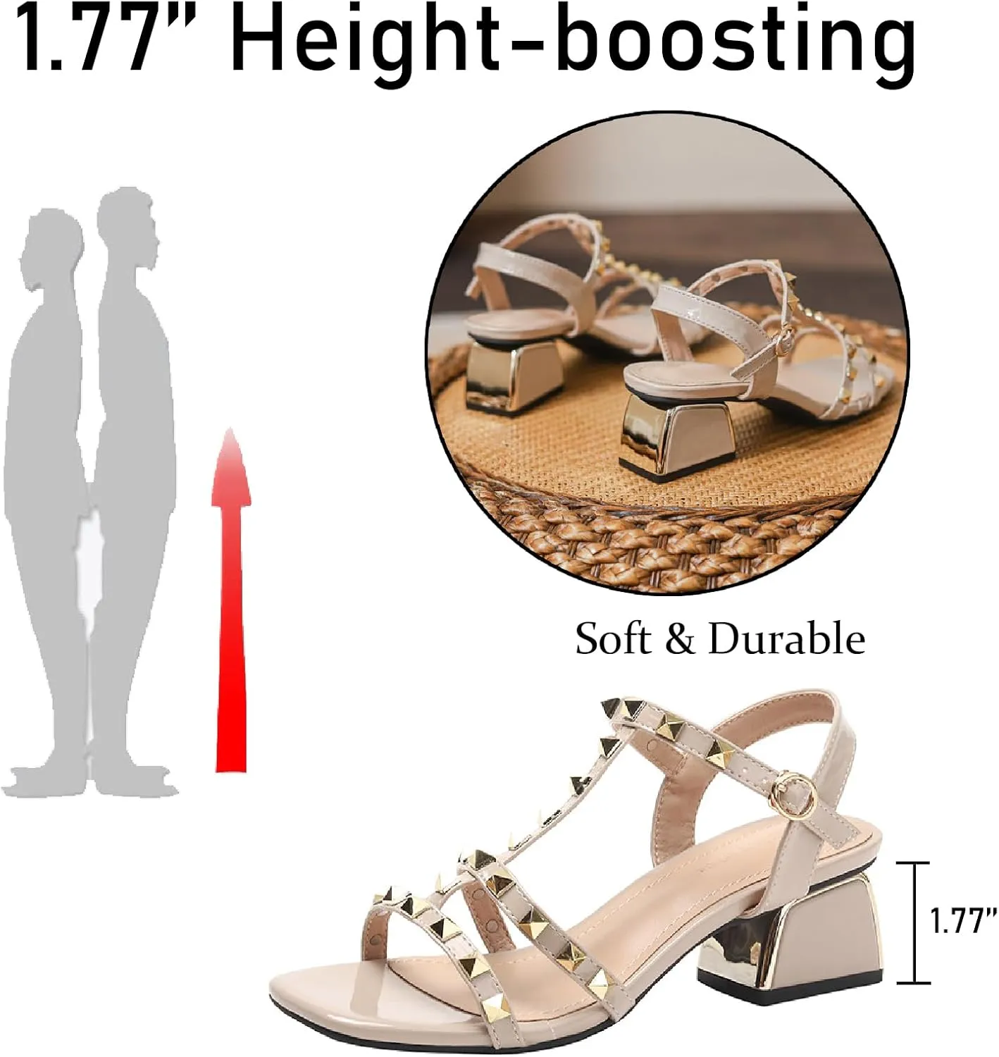 Women's Leather Studded Slingback Chunky Heel Sandals Pumps with Adjustable Ankle Buckle Fashion Breathable T-Strap Open Square Toe Mid Heels Sandals Prom Party Wedding Dress Shoes
