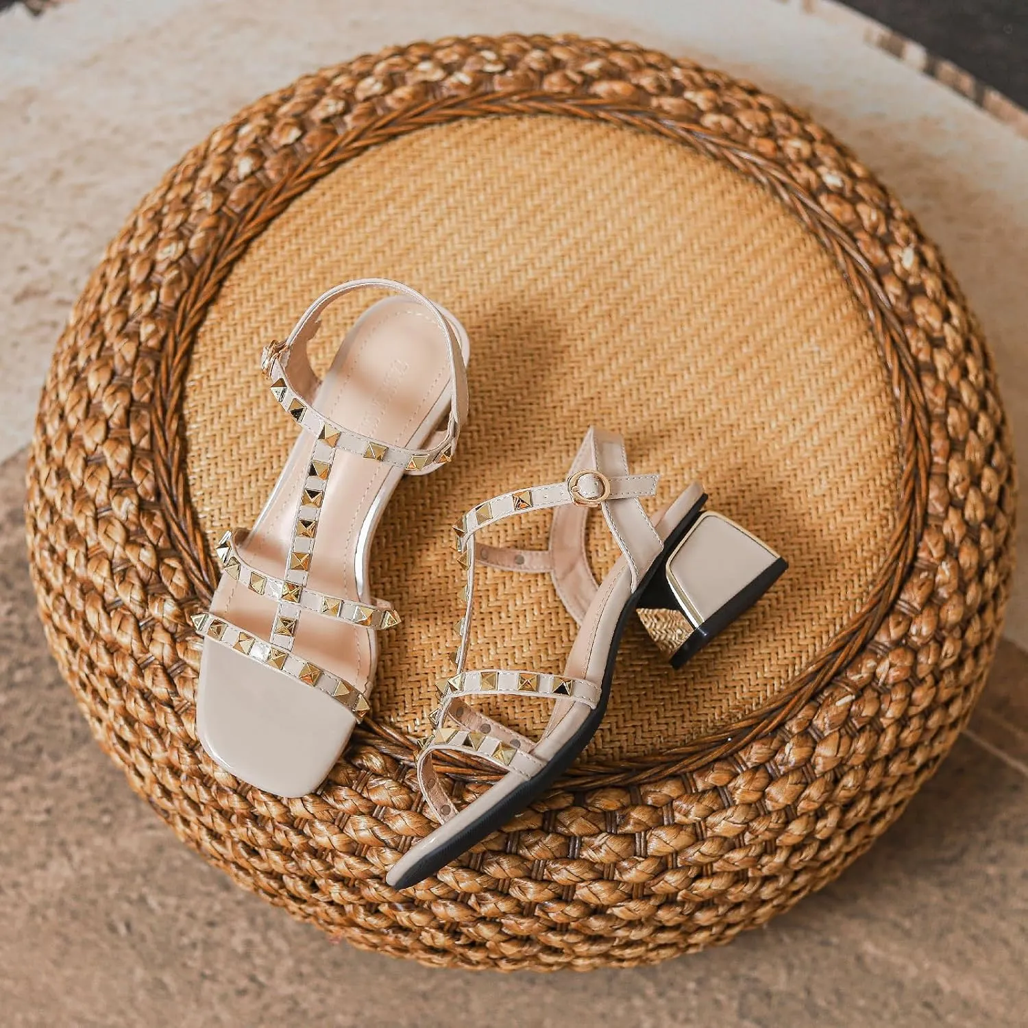Women's Leather Studded Slingback Chunky Heel Sandals Pumps with Adjustable Ankle Buckle Fashion Breathable T-Strap Open Square Toe Mid Heels Sandals Prom Party Wedding Dress Shoes