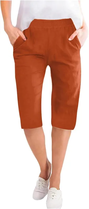 Womens Linen Bermuda Shorts High Waist Baggy Knee Length Paperbag Shorts Summer Casual Vintage Flowy Active Shorts