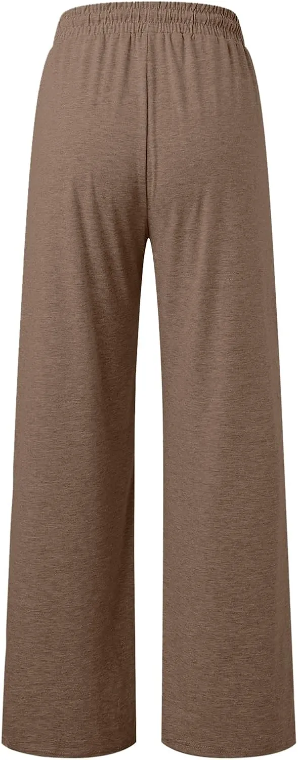 Womens Linen Summer Split Flowy Palazzo Lounge Pants Elastic Waisted Baggy Stretchy Loose Fit Palazzo Pants