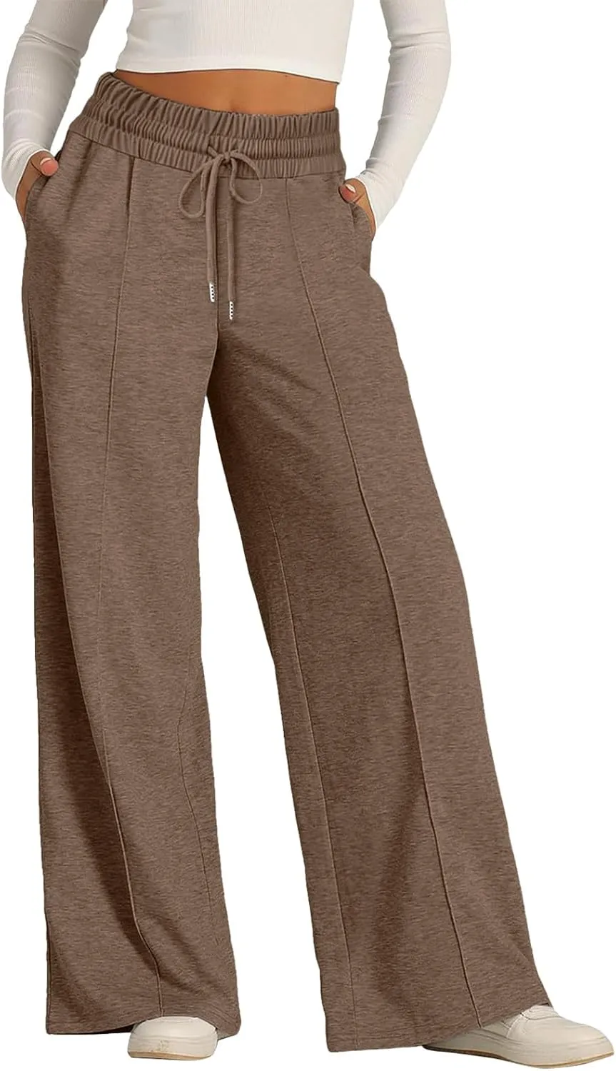Womens Linen Summer Split Flowy Palazzo Lounge Pants Elastic Waisted Baggy Stretchy Loose Fit Palazzo Pants