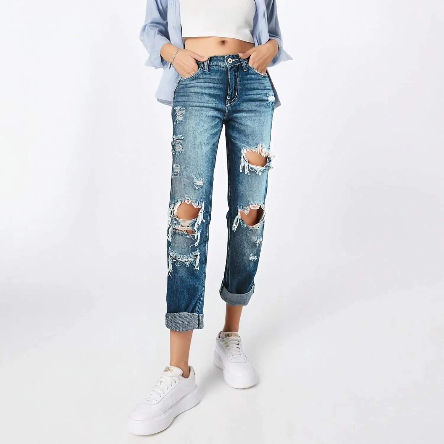 Womens Mid Waisted Ripped Jeans Straight Leg Stretchy Slim Fit Boyfriend Distressed Denim Pants with Pocket