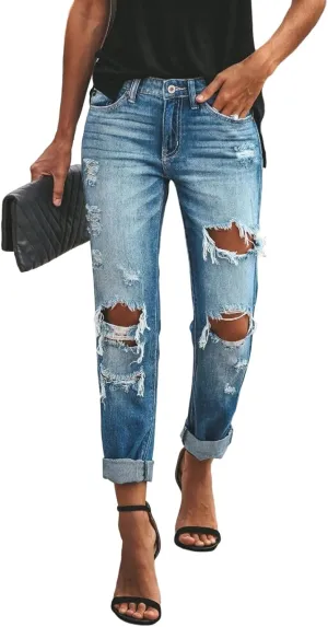 Womens Mid Waisted Ripped Jeans Straight Leg Stretchy Slim Fit Boyfriend Distressed Denim Pants with Pocket