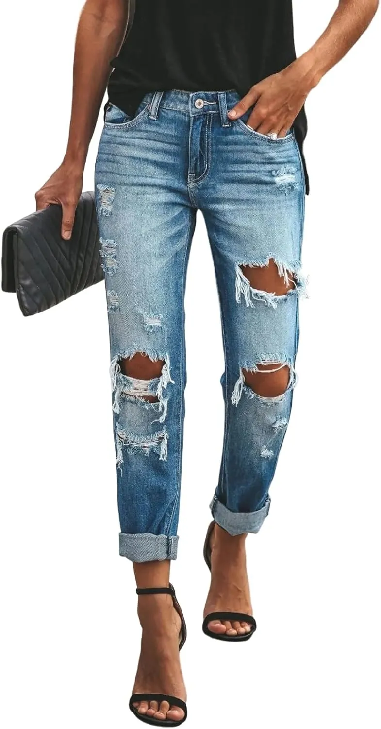 Womens Mid Waisted Ripped Jeans Straight Leg Stretchy Slim Fit Boyfriend Distressed Denim Pants with Pocket