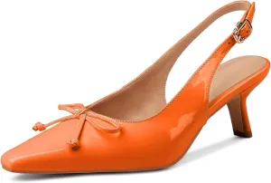 Women's Pointed Toe Kitten Heels 2.5 Inch Low Heel Bow Embellished Dress Shoes Patent Leather Upper Anti-Slip Sole Breathable Lining Elegant and Comfortable Medium Heeled Stilettos