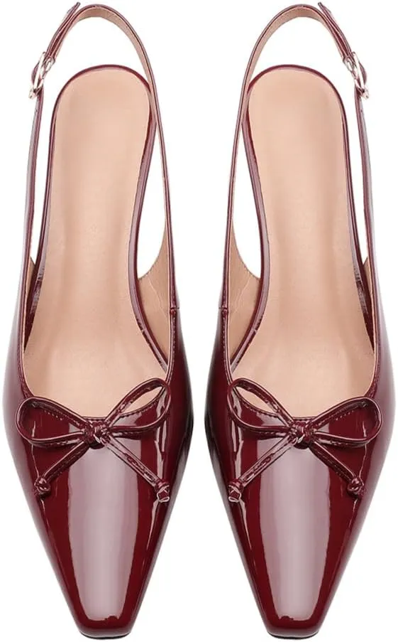 Women's Pointed Toe Kitten Heels 2.5 Inch Low Heel Bow Embellished Dress Shoes Patent Leather Upper Anti-Slip Sole Breathable Lining Elegant and Comfortable Medium Heeled Stilettos