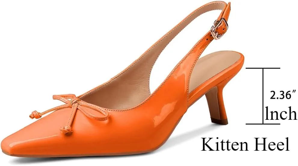 Women's Pointed Toe Kitten Heels 2.5 Inch Low Heel Bow Embellished Dress Shoes Patent Leather Upper Anti-Slip Sole Breathable Lining Elegant and Comfortable Medium Heeled Stilettos