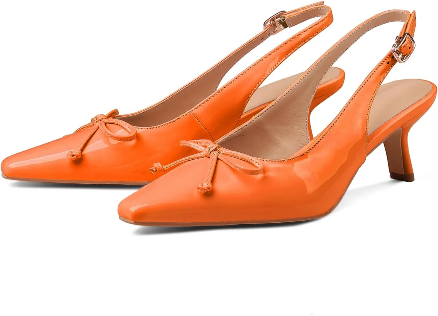 Women's Pointed Toe Kitten Heels 2.5 Inch Low Heel Bow Embellished Dress Shoes Patent Leather Upper Anti-Slip Sole Breathable Lining Elegant and Comfortable Medium Heeled Stilettos