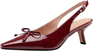 Women's Pointed Toe Kitten Heels 2.5 Inch Low Heel Bow Embellished Dress Shoes Patent Leather Upper Anti-Slip Sole Breathable Lining Elegant and Comfortable Medium Heeled Stilettos