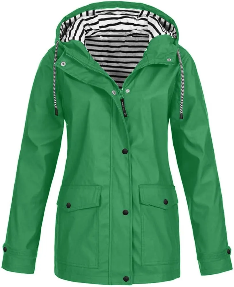 Women's Raincoats Windbreaker Rain Jacket Waterproof Lightweight Outdoor Hooded Trench Coats