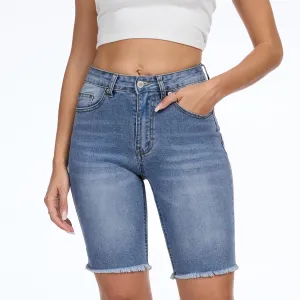 Women's Ripped Mid-Rise Denim Bermuda Shorts Frayed Raw Hem Stretch Jean Shorts