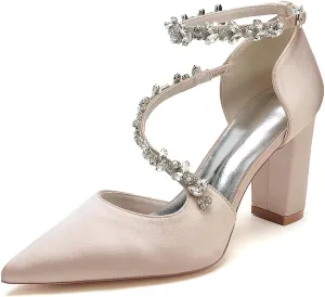 Women's Satin Bridal Pumps - Crystal Embellished Block Heel Wedding Shoes, 3 Inch Chunky Heels with Closed Pointed Toe for Bride, Prom & Cocktail Parties
