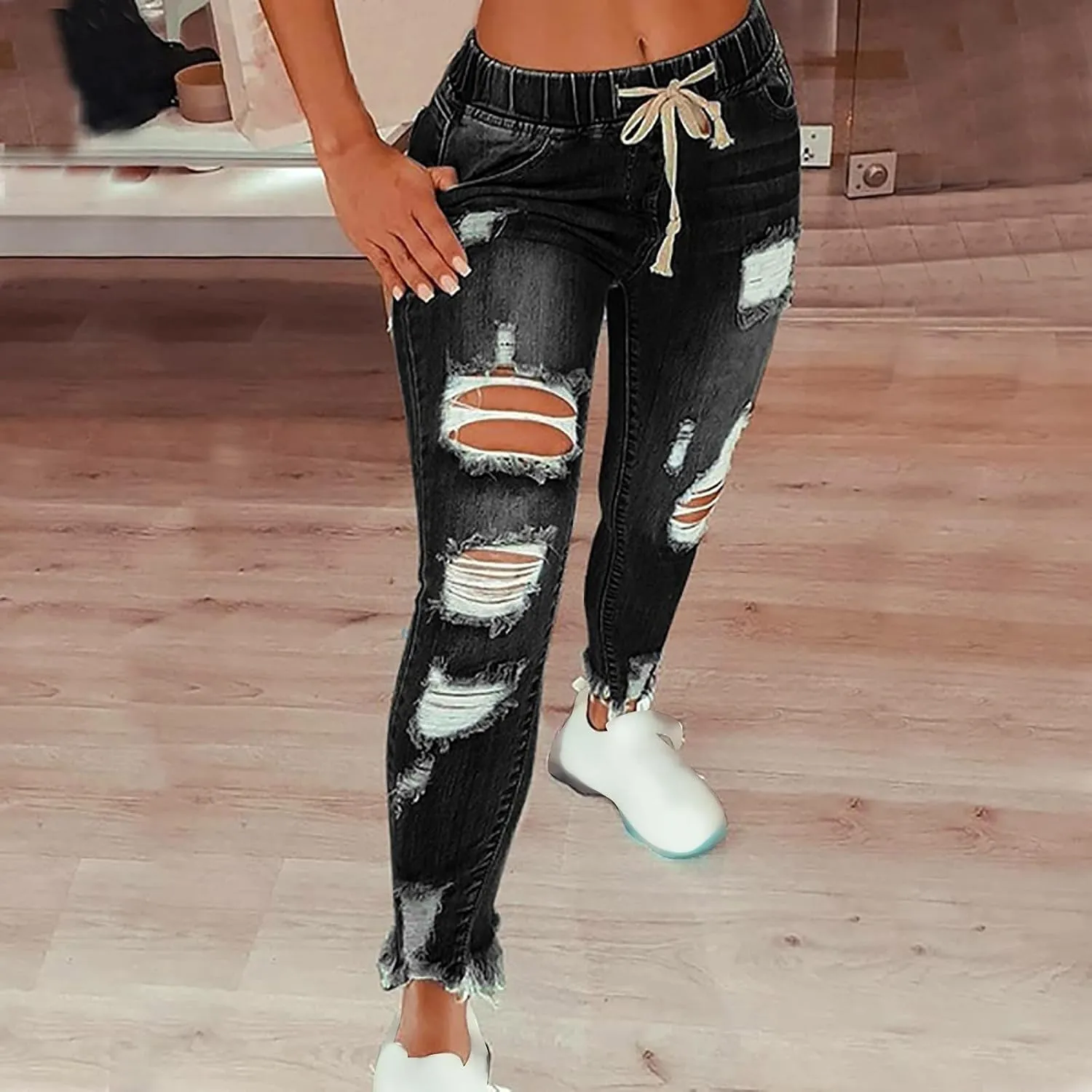 Women's Skinny Ripped Tapered Jeans Mid Rise Distressed Stretchy Denim Pants Slim Tummy Control Denim Leggings with Pockets